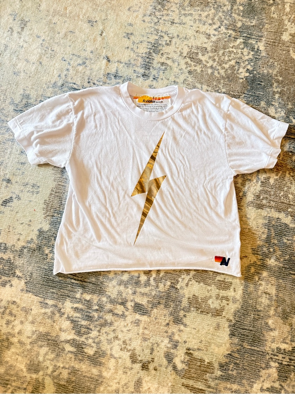 Aviator Nation White T-Shirt with Gold Lightning Bolt